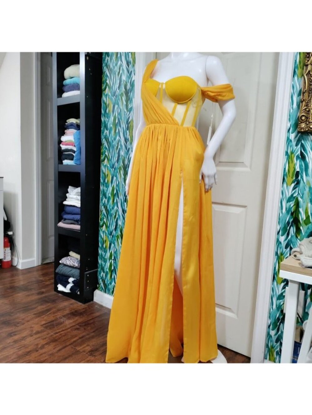 Miss Circle XXS Silk Pleated Corset Slit Maxi Dress Yellow Back In Style - Picture 8 of 15